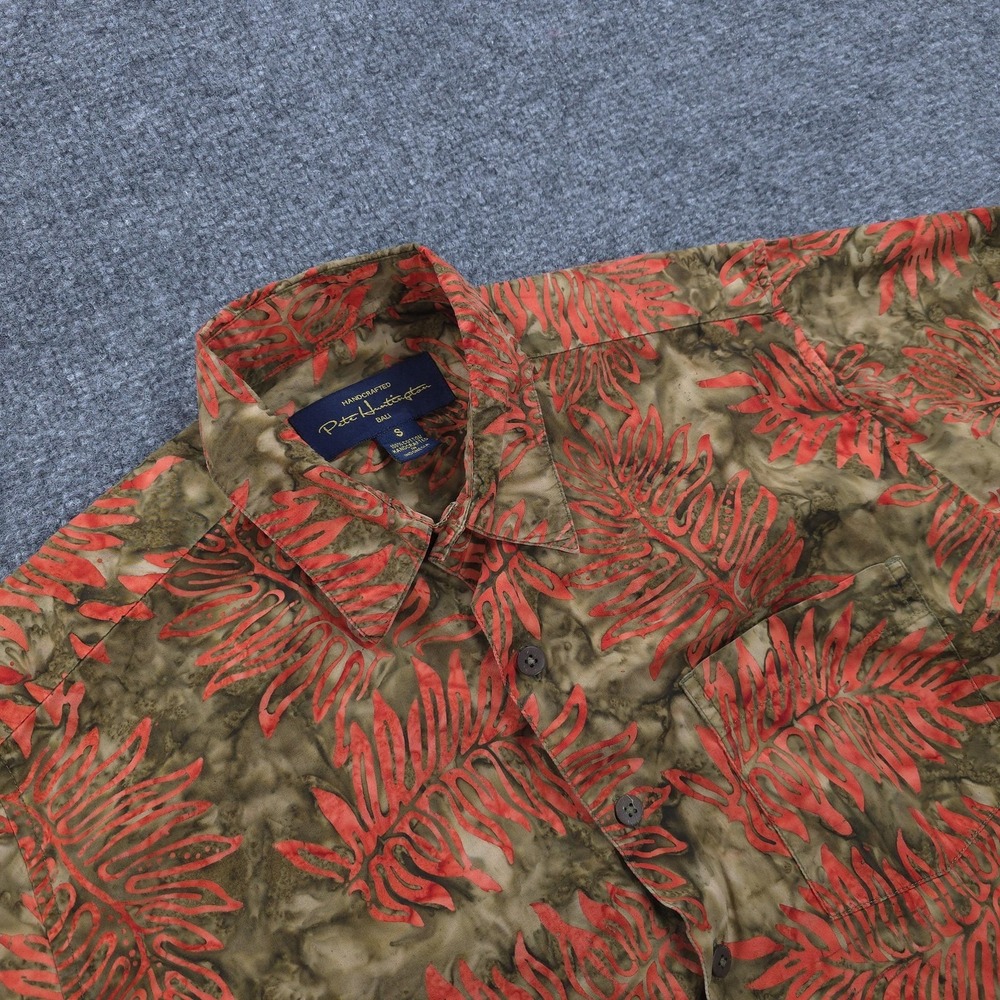 Pete Huntington Shirt Mens Small‎ Brown Red Bali Hawaiian Aloha Cotton Leaf